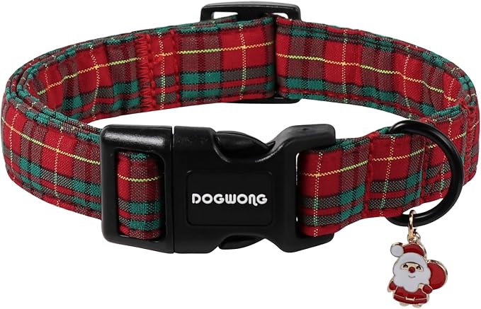 DOGWONG Christmas Plaid Dog Collar- Adjustable Red Tartan Collar, Scottish Red by DOGWONG