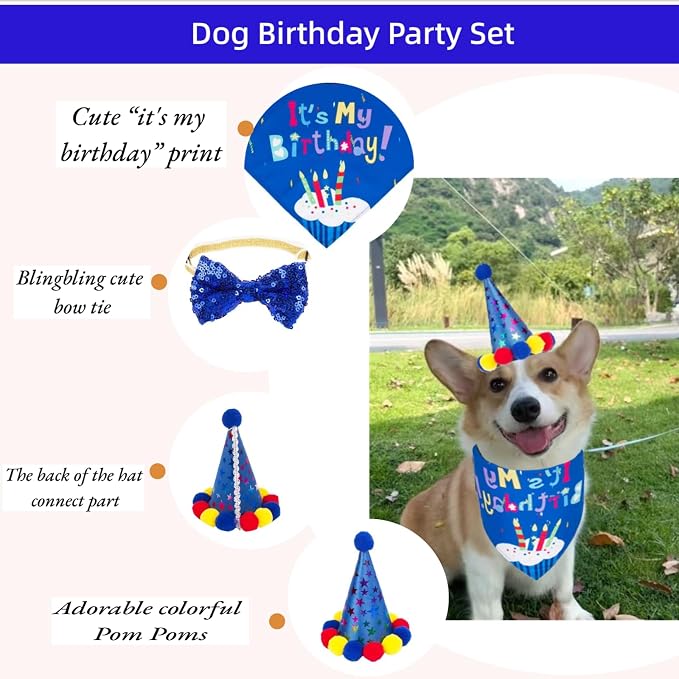 Pet Birthday Party Set, Dogs Bandana and Dog Birthday Hat - Image 3