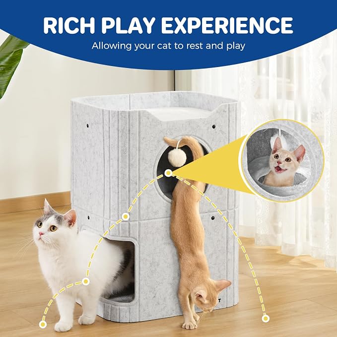 Cat House for Indoor Cats, 2-Storey Cat Bed Cave, Felt Cat Hideaway Condo - Image 8