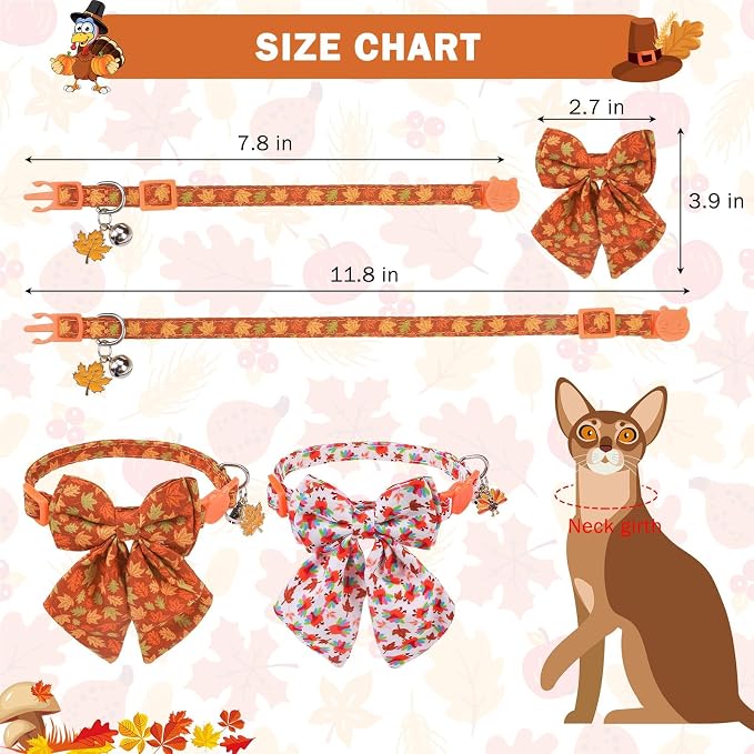 SCENEREAL Fall Cat Collar with Bell & Stylish Bowtie, Turkey Maple Leaf Pattern - Image 6