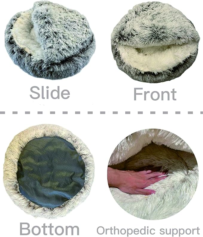 ShinHye Cat Bed Round Plush Fluffy Hooded Cat Bed Cave, Cozy - Image 5