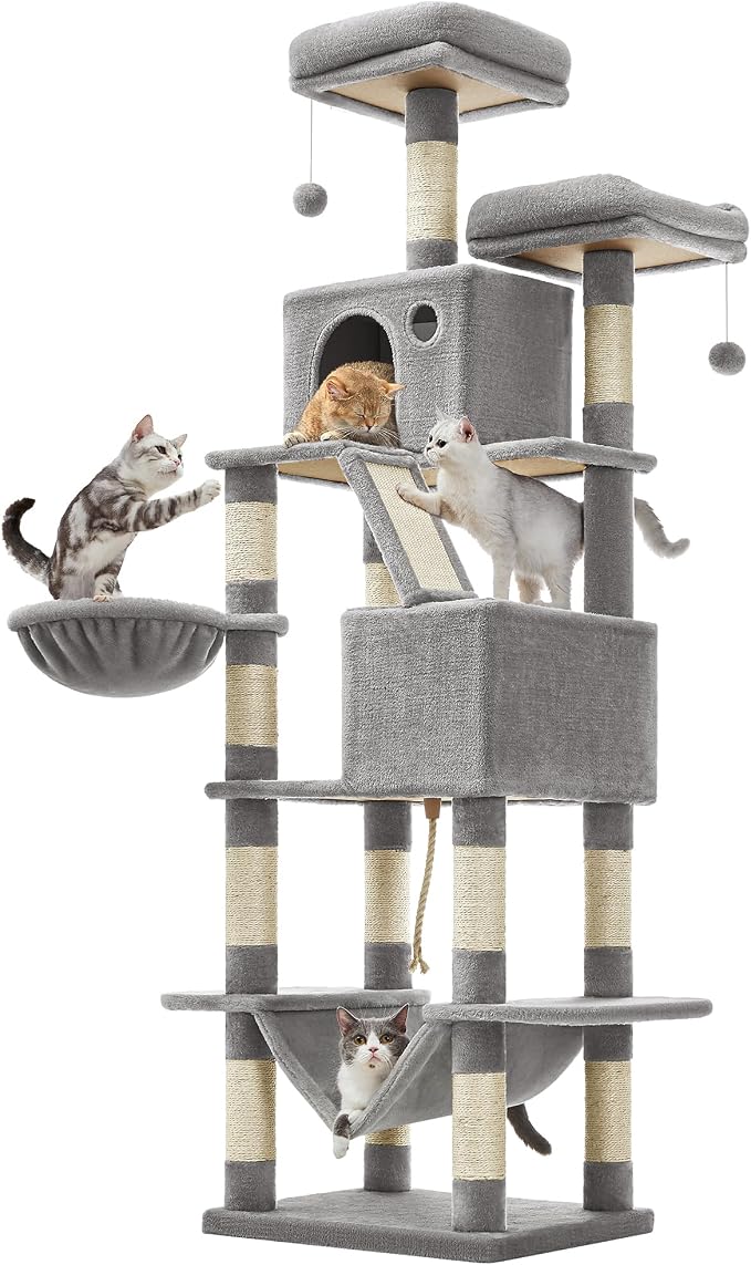 Feandrea Cat Tree, 81.1-Inch Large Cat Tower, 2 Perches, 2 Caves, Light Gray by FeandreabySONGMICSHOME