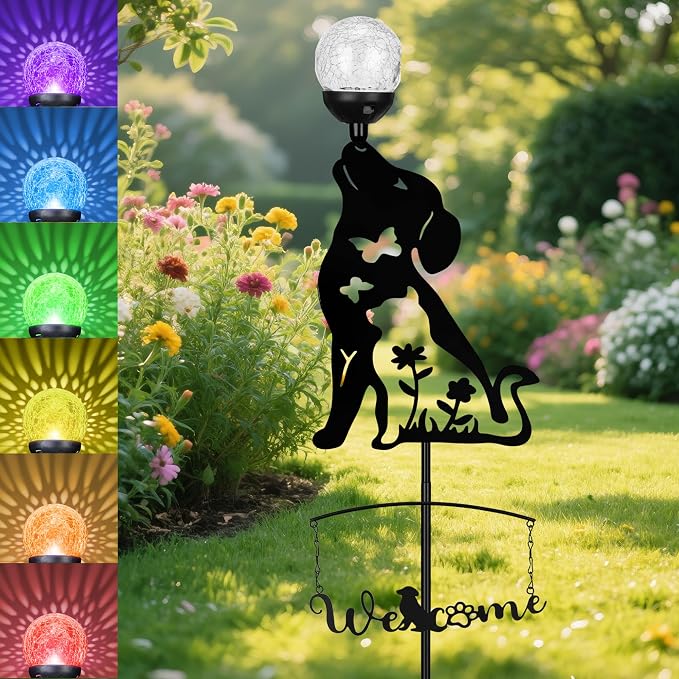 Solar Dog Light Outdoor Decorative, Metal Black Dog&Cat Silhouette Solar Garden by GIBMIDSER
