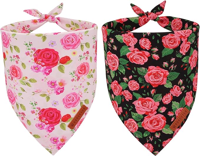ADOGGYGO Floral Dog Bandana 2 Pack, Reversible Red Pink Rose Pet Scarf Bib by ADOGGYGO