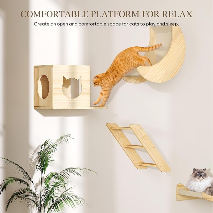 Cat Wall Shelves, 13-in-1 Solid Wood Wall-Mounted Cats Furniture Set - Image 4