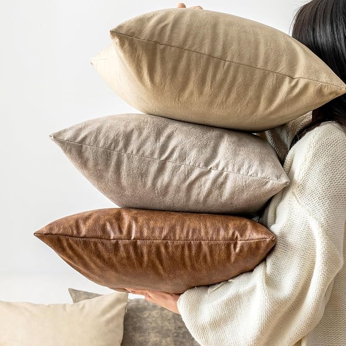 Pack of 4 Neutral Decorative Faux Leather Throw Pillow Covers 20x20 inch - Image 3