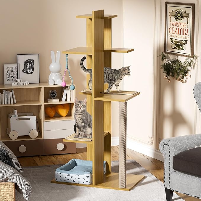 PAKASEPT 65.5" Tall Cat Tree, Cat Bed, Cat Balls, Freestanding Wooden Cat - Image 3