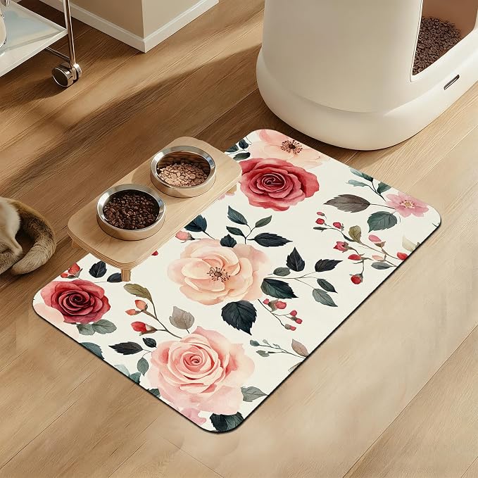 Pink Flower Leaf Pet Feeding Mat–Christmas Stocking Quick Dry Absorbent Dog Cat by LUTASER