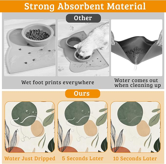 Boho Dog Cat Food Mat, Abstract Leaves Absorbent Waterproof Placemat - Image 3