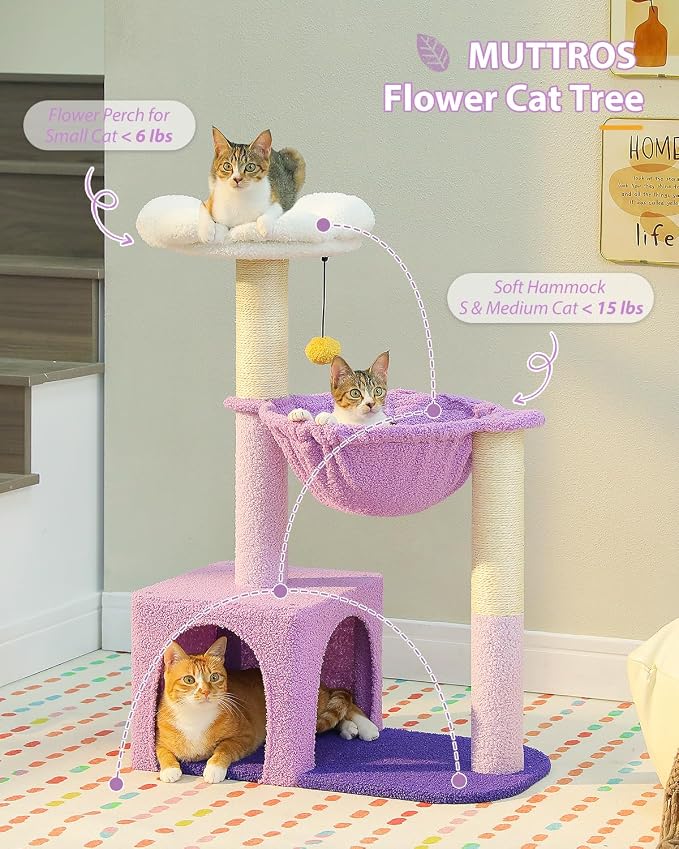 Purple Flower Cat Tree for Small Indoor Cats w/Large Metal Frame Hammock - Image 2