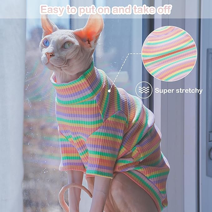 PUMYPOREITY Sphynx Cat Clothes: Soft, Stretchy Rainbow Sweater & Turtleneck - Image 2