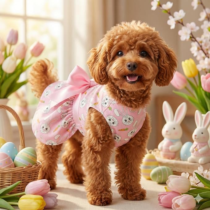 Easter Dog Dress with Bunny & Carrot Print, Festive Holiday Pink Spring Pet - Image 5