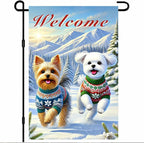 Welcome Winter Garden Flag Two Cheerful Dogs Flag Winter Sweaters 12x18 Inch by BlissYard