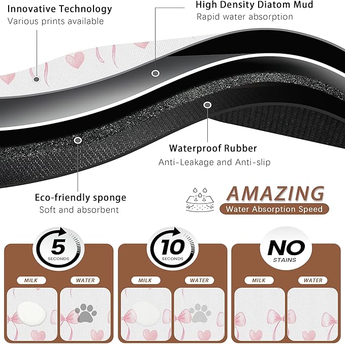 Cute Pink Bow Dog Food Mat for Floors, Heart Absorbent Pet Food and Water Bowl - Image 3