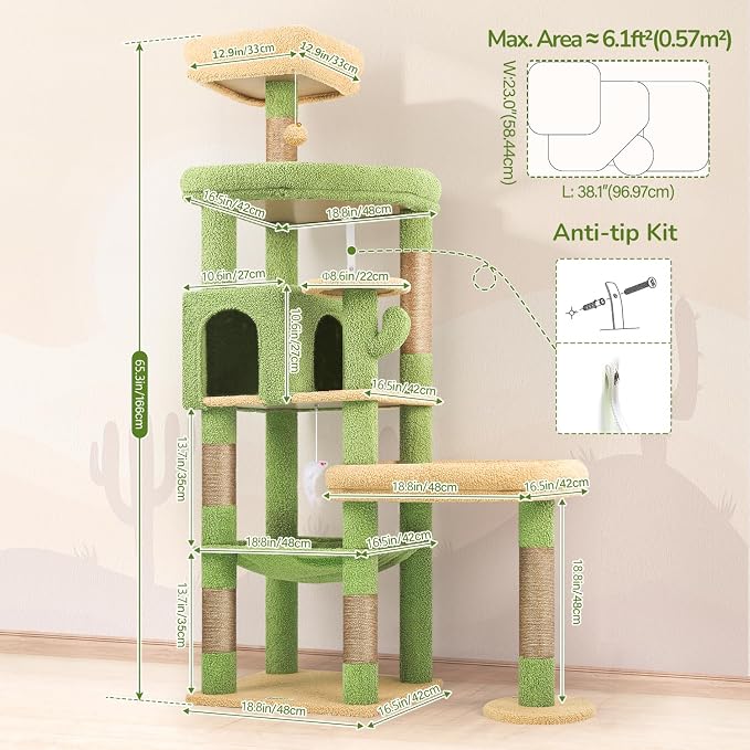 Globlazer Extra Large Platform Cactus Cat Tree, 65in Sturdy Cat Tree - Image 7