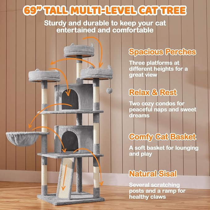 Yaheetech 68.5in Cat Tree for Large Cats, Large Condo, Stable Pet Play House - Image 3