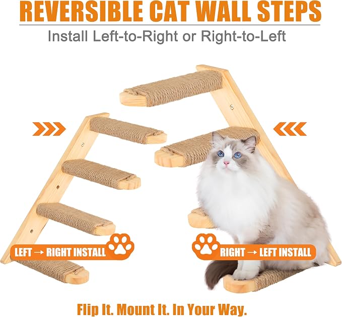 Cat Climbing Stair Shelf, Wall Mounted Ladder 2PCS 4 Steps Reversible Left & - Image 2
