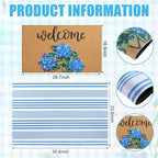 Tinideya 2 Pcs Hydrangea Door Mat Blue and White Stripe Welcome Non Slip Flower - Image 2