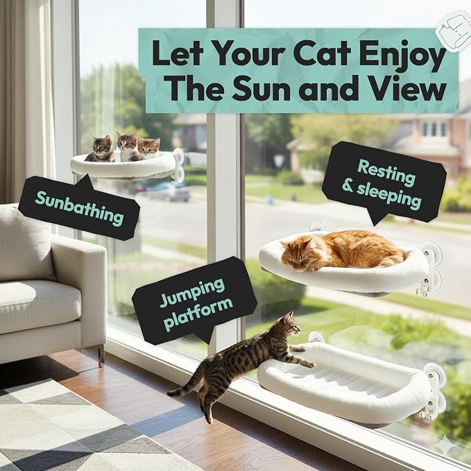 Cordless Cat Window Perch, Foldable Cat Window Hammock, 4 Strong Suction Cups - Image 8