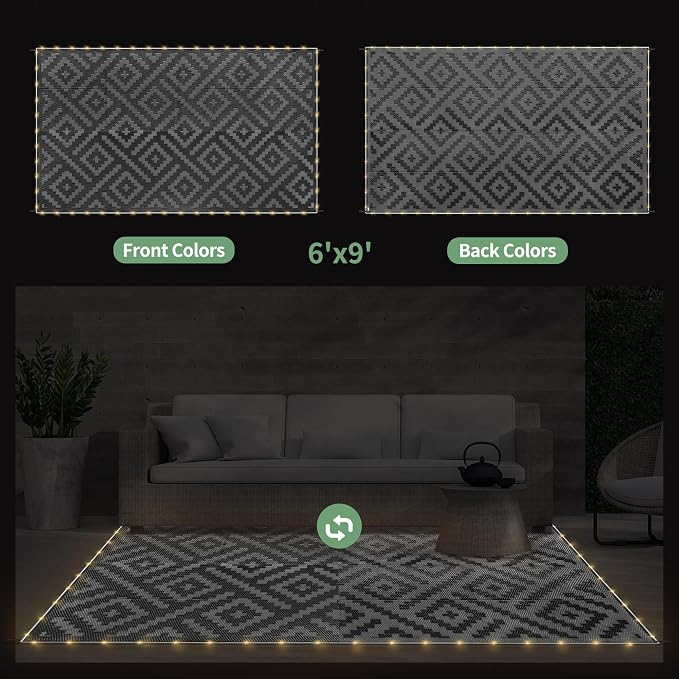 GENIMO Outdoor Rug with LED Strip Lights, Reversible Plastic Straw Rugs - Image 3