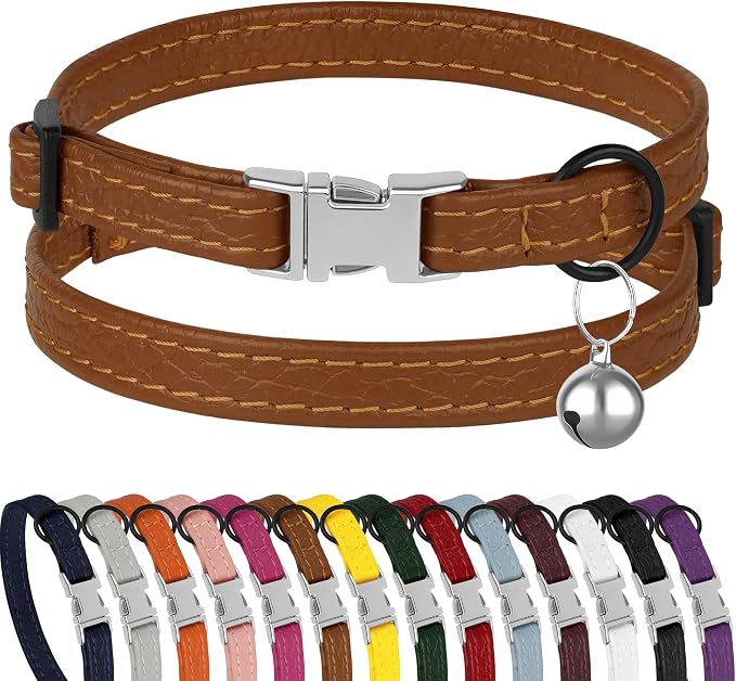 Leather Cat Collar with Buckle and Removable Bell by BUDKAS