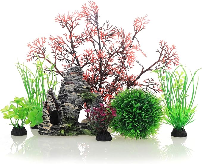 JIH Aquarium Fish Tank Plastic Plants and Cave Rock Decorations Decor Set 7 by JIH