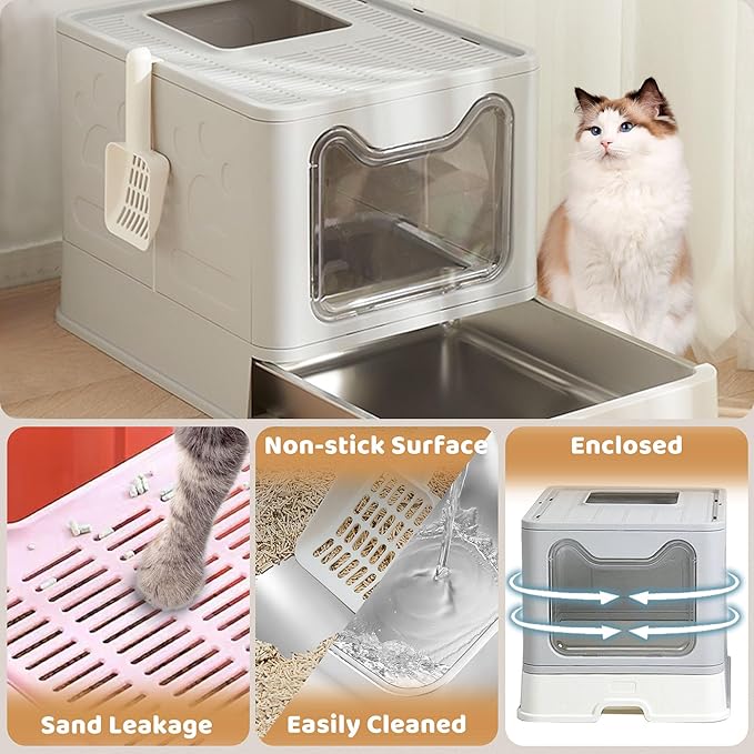 Enclosed Cat Litter Box with Lid Top Exit Covered Metal Stainless Steel Litter - Image 4
