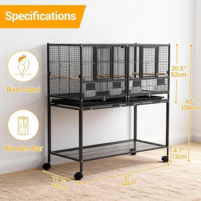43 Inch Bird Cage with Wooden Perches, Standing Wrought Iron Birdcage with - Image 3
