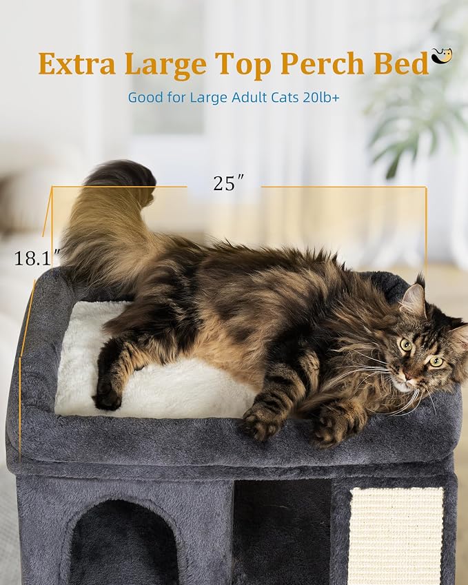 XL Cat Tree Tower for Large Adult Cats 20 lbs+, 25in Perch Bed, Condo Cave for - Image 2