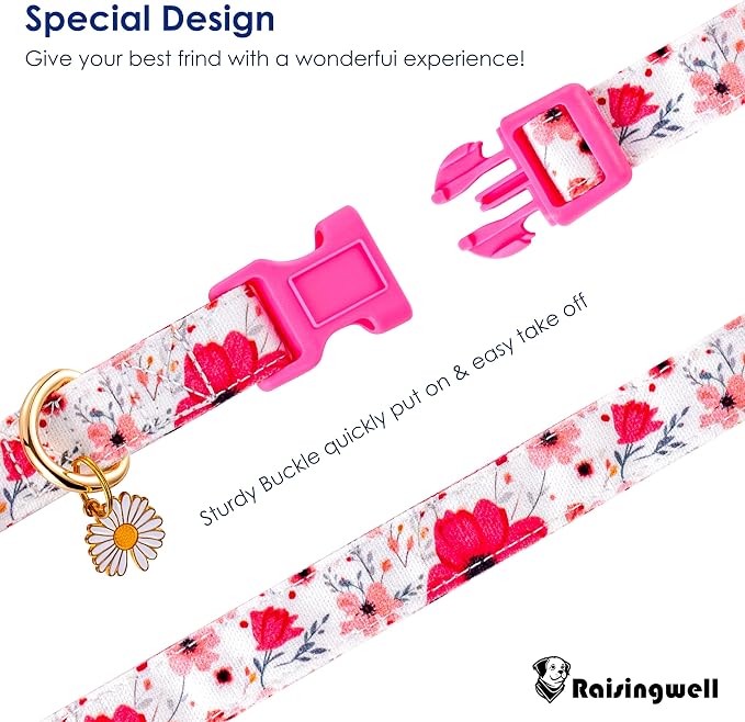 Cotton Dog Collar Light Pink Flower Pattern - Image 2