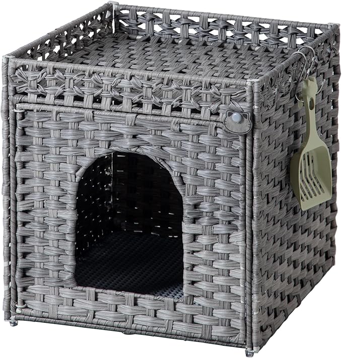 Cat Litter Enclosure with Hidden Litter Mat and Rattan Cat House, Supports Two by SETVSON