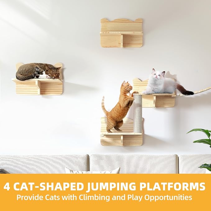 Cat Wall Shelves, 18-in-1 Solid Wood Wall-Mounted Cats Furniture Set - Image 5
