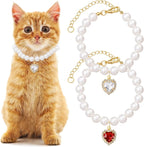 2pcs Cat Pearl Collar with Heart Pendant, Cute Pearl Pet Necklace in Small by Unknown