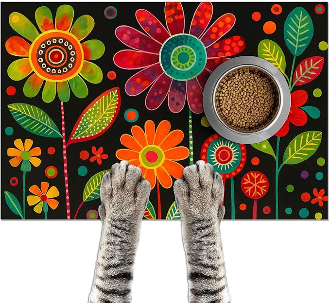 Vibrant Flower Pattern Pet Food Mat Spill-Proof Pet Feeding Mats by HOMETITUTE