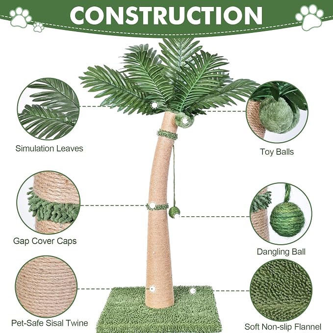 Palm Tree Cat Scratching Post, 3 Interactive Balls and Curved Design Scratching - Image 2