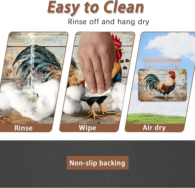 Rooster Dog Food Mat for Floors, Vintage Wood Panel Absorbent Quick-Dry Pet - Image 4