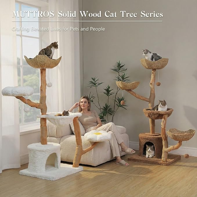59" Modern Cat Tree Tower for Large Cats w/2 Flower Perches-Natural Solid Wood - Image 7