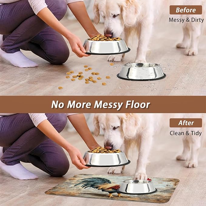 Rooster Dog Food Mat for Floors, Vintage Wood Panel Absorbent Quick-Dry Pet - Image 5