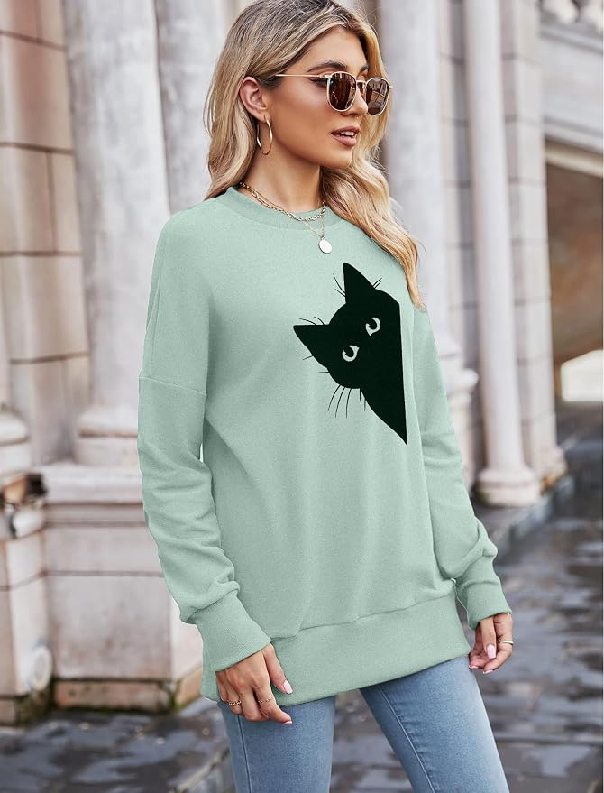 FRYAID Cat Sweatshirt Women Funny Black Cat Graphic Sweater Casual Cat Crewneck - Image 2