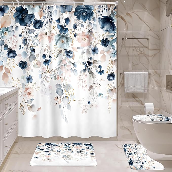 4 PCS Navy Blue Floral Flower Shower Curtain Set 72Wx72H Inch Watercolor Pastel - Image 3