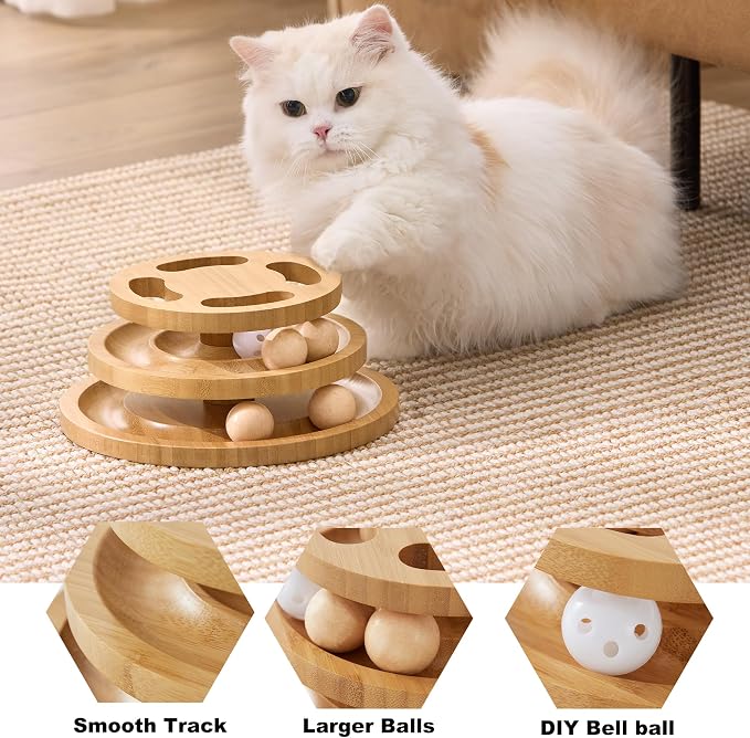 Cat Ball Track Toy with Puzzle Top and DIY Bell, Wooden Cat Toys - Image 4