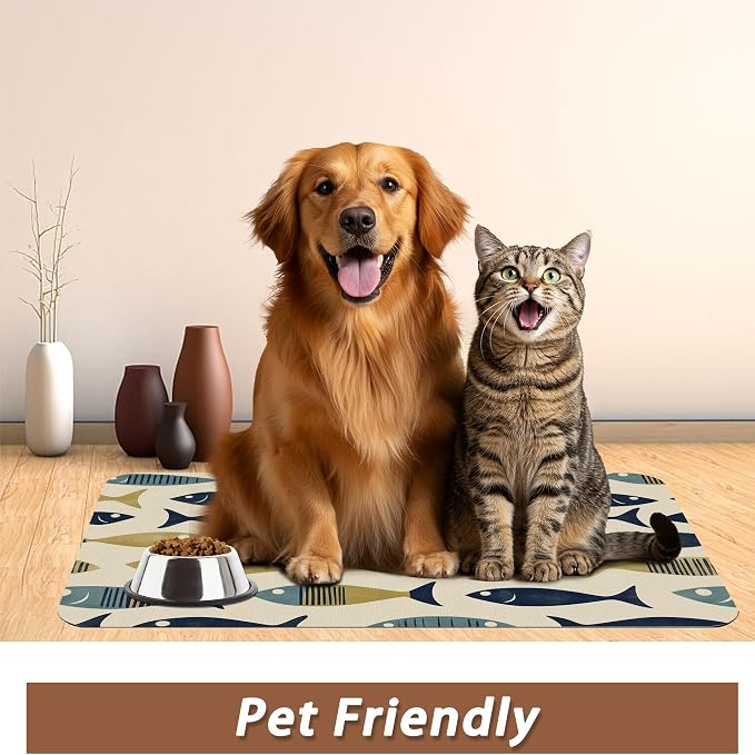 Fish Boho Dog Food Mat for Floors, Ocean Absorbent Quick-Dry Pet Feeding Mat - Image 6