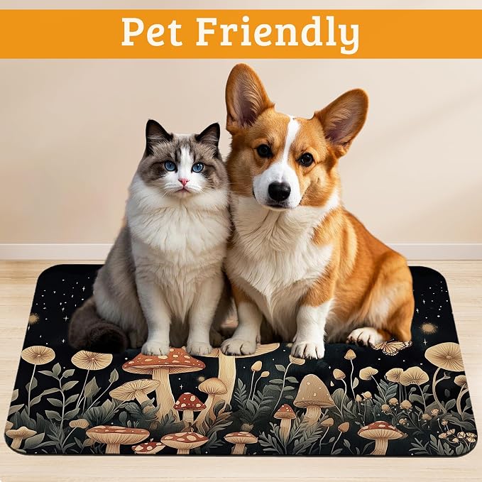 Fantasy Mushroom Dog Cat Food Mat, Butterfly Stars Absorbent Waterproof Placemat - Image 2