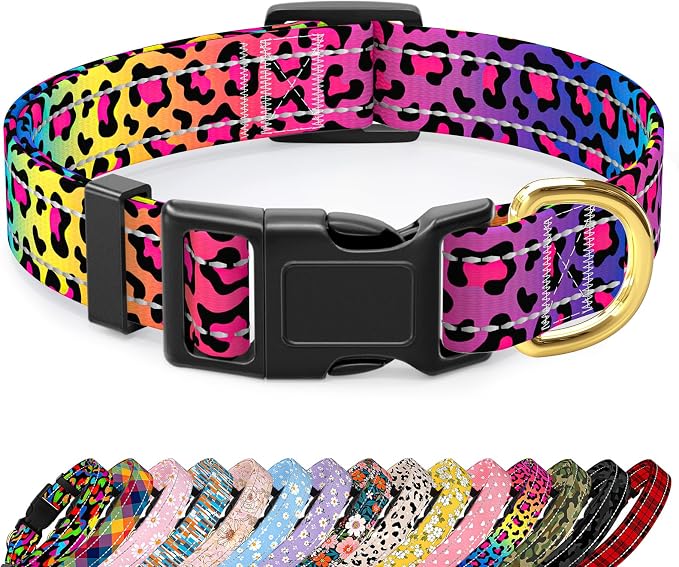 Reflective Dog Collar for Medium Dogs, Cute Leopard Style Adjustable Heavy-Duty by TMOODEL