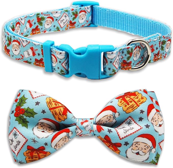 Christmas Dog Collar with Bow Tie Set, Holiday Santa Claus Pattern Pet Collar by PohshidoPet