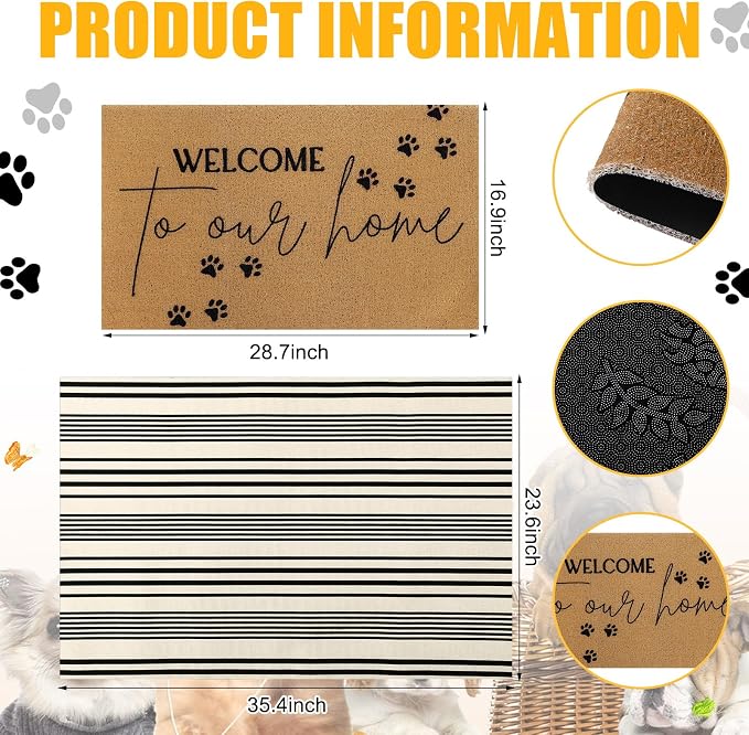 Tinideya 2 Pcs Pet Theme Door Mat Paw Welcome Non Slip Coir Mats Dog Cat Floor - Image 2