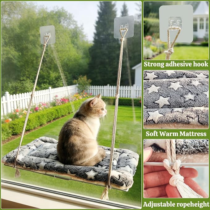 Cat Window Perch with Adhesive Hooks Foldable Cat Window Hammock - Image 4