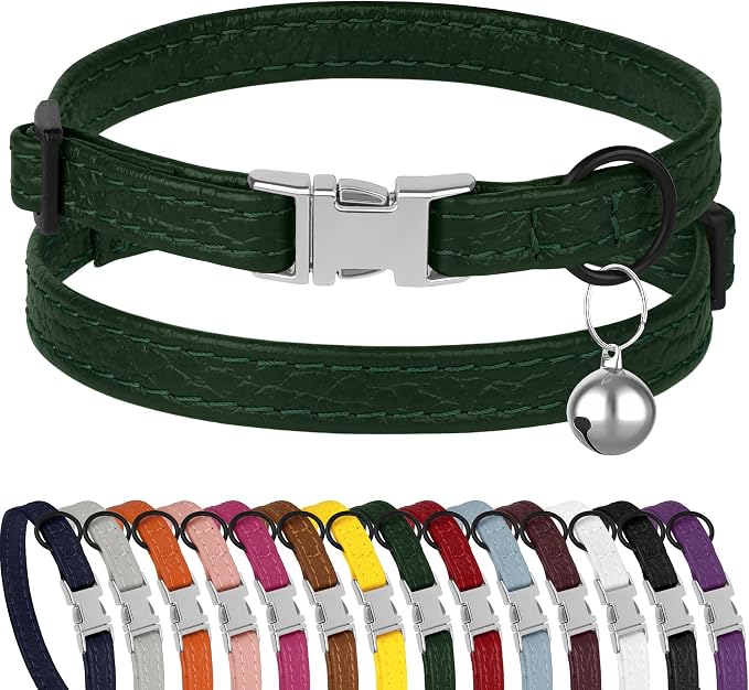 Leather Cat Collar with Buckle and Removable Bell by BUDKAS