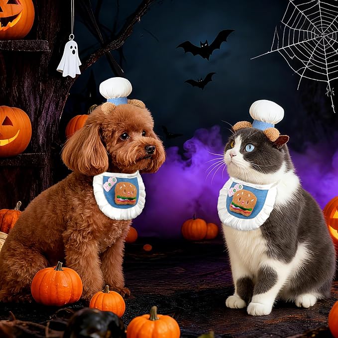 HOWWFALY Cat Halloween Costumes Pet Chef Hat &Hamburger Bib Costume Set - Image 5