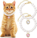 2pcs Cat Dog Pearl Collar, Small Heart Shape Rhinestone Pet Necklace, by Unknown